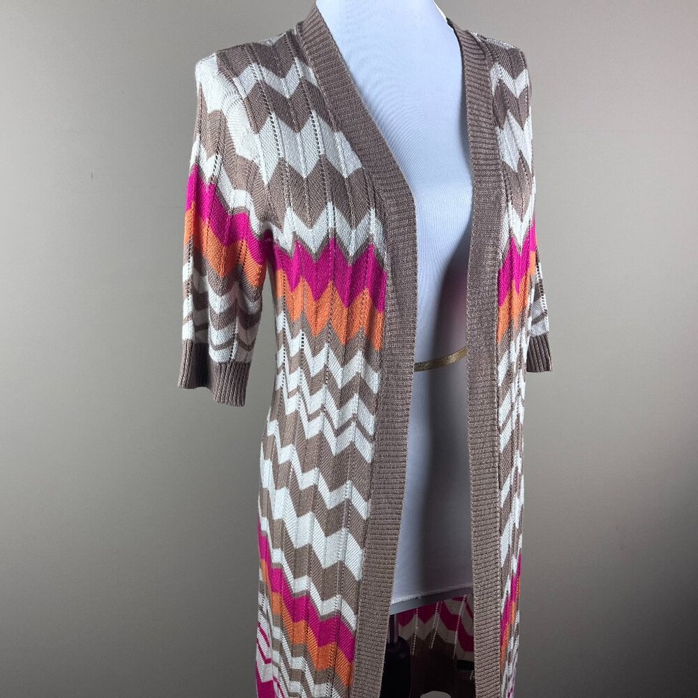 The Limited Open Cardigan Sweater Size M Tan Pink Orange Chevron Pattern